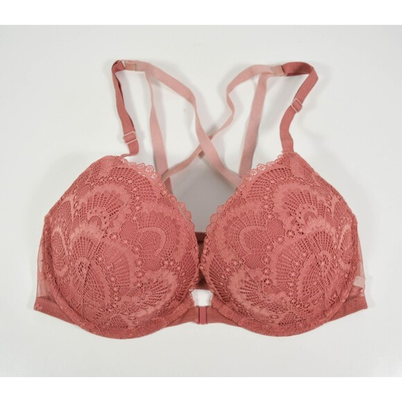 Victoria Secret Dusty Rose Pink Lace Front Closure Push Up Underwire Bra Sz 32DD - Picture 1 of 5